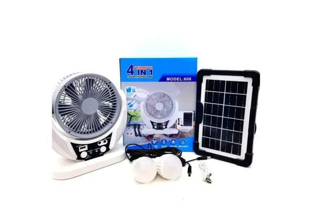 Вентилятор портативний 4в1 (6", сонячна панель, 2 LED лампи, 2 швидкості, 6Вт, USB, 3.2V/4000 мАг)