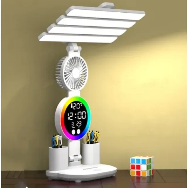 Акумуляторна LED лампа / Настільна лампа з 4 плафонами, RGB-підсвічуванням, годинником та вентилятором